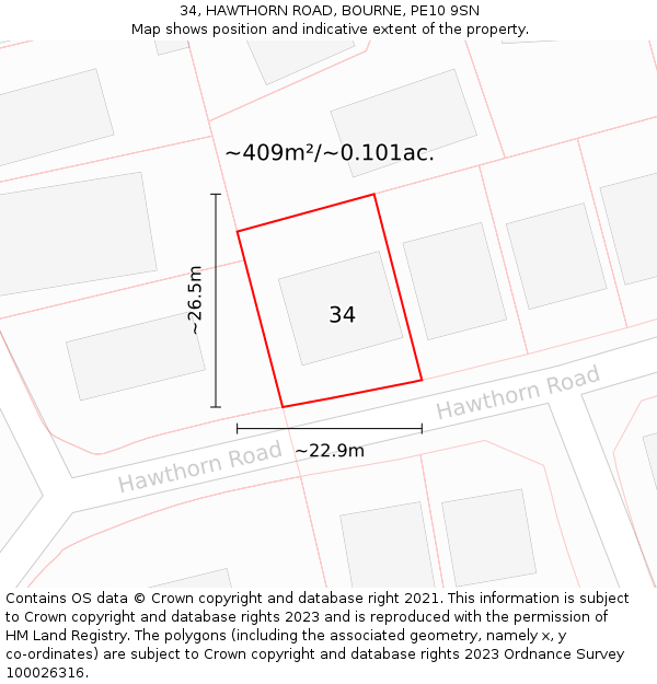 34, HAWTHORN ROAD, BOURNE, PE10 9SN: Plot and title map