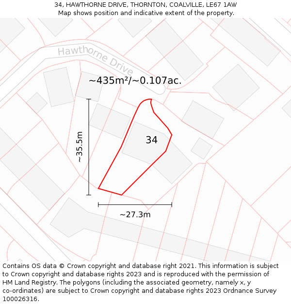 34, HAWTHORNE DRIVE, THORNTON, COALVILLE, LE67 1AW: Plot and title map