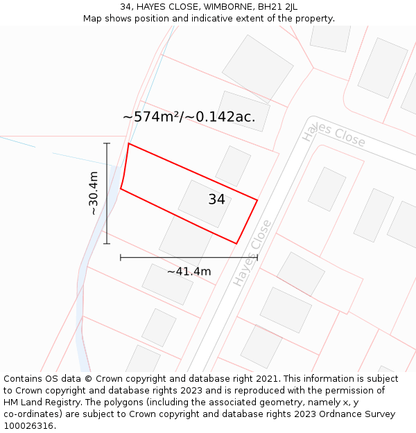 34, HAYES CLOSE, WIMBORNE, BH21 2JL: Plot and title map