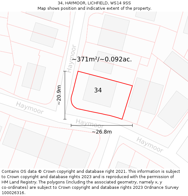 34, HAYMOOR, LICHFIELD, WS14 9SS: Plot and title map