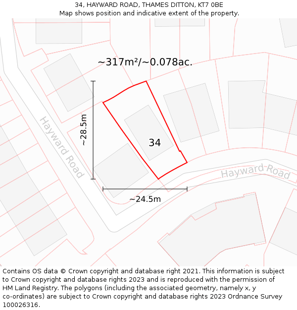 34, HAYWARD ROAD, THAMES DITTON, KT7 0BE: Plot and title map