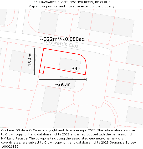 34, HAYWARDS CLOSE, BOGNOR REGIS, PO22 8HF: Plot and title map