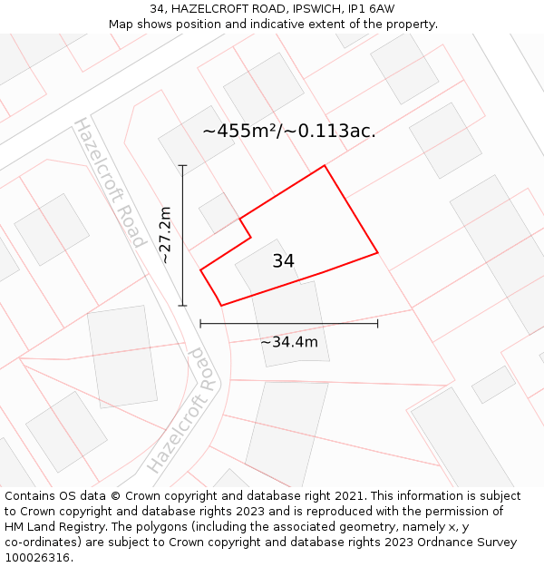 34, HAZELCROFT ROAD, IPSWICH, IP1 6AW: Plot and title map