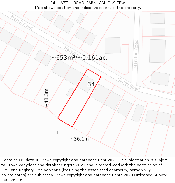 34, HAZELL ROAD, FARNHAM, GU9 7BW: Plot and title map