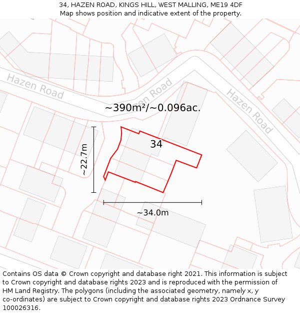 34, HAZEN ROAD, KINGS HILL, WEST MALLING, ME19 4DF: Plot and title map