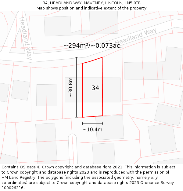 34, HEADLAND WAY, NAVENBY, LINCOLN, LN5 0TR: Plot and title map