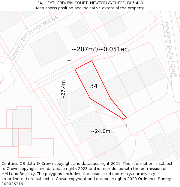 34, HEATHERBURN COURT, NEWTON AYCLIFFE, DL5 4UY: Plot and title map