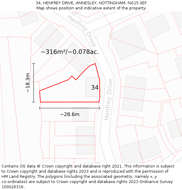 34, HENFREY DRIVE, ANNESLEY, NOTTINGHAM, NG15 0EF: Plot and title map