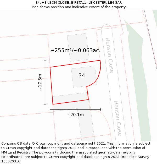 34, HENSON CLOSE, BIRSTALL, LEICESTER, LE4 3AR: Plot and title map