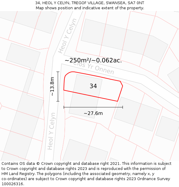 34, HEOL Y CELYN, TREGOF VILLAGE, SWANSEA, SA7 0NT: Plot and title map