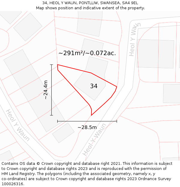 34, HEOL Y WAUN, PONTLLIW, SWANSEA, SA4 9EL: Plot and title map