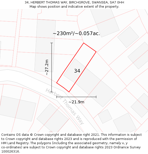 34, HERBERT THOMAS WAY, BIRCHGROVE, SWANSEA, SA7 0HH: Plot and title map