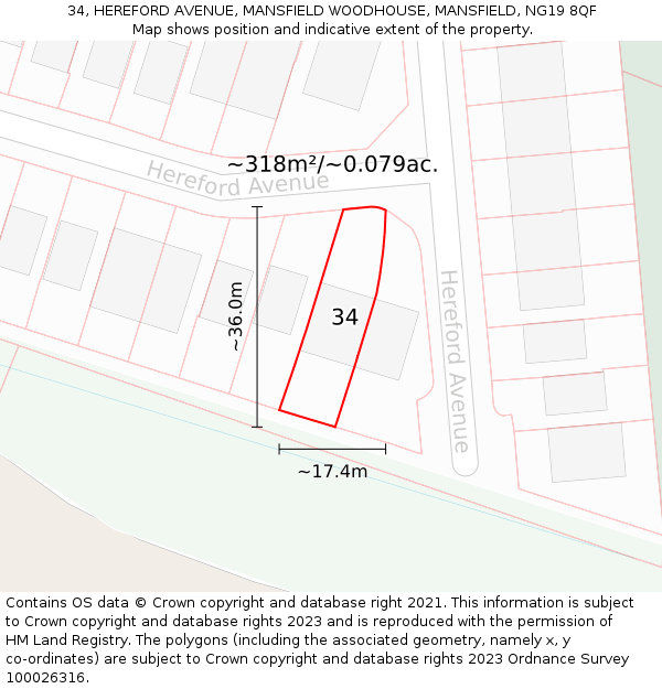 34, HEREFORD AVENUE, MANSFIELD WOODHOUSE, MANSFIELD, NG19 8QF: Plot and title map