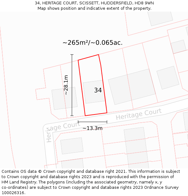 34, HERITAGE COURT, SCISSETT, HUDDERSFIELD, HD8 9WN: Plot and title map