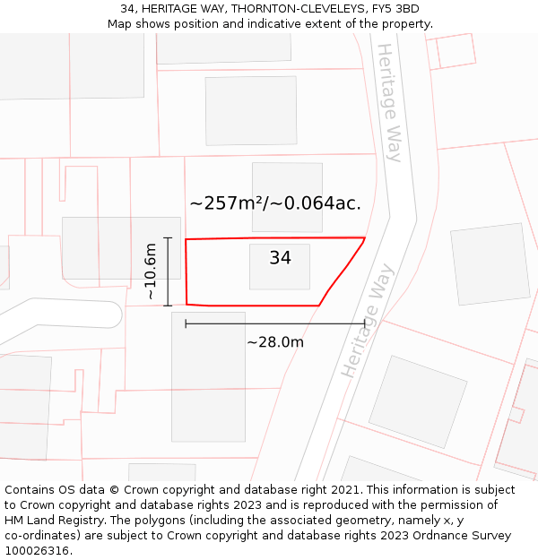 34, HERITAGE WAY, THORNTON-CLEVELEYS, FY5 3BD: Plot and title map