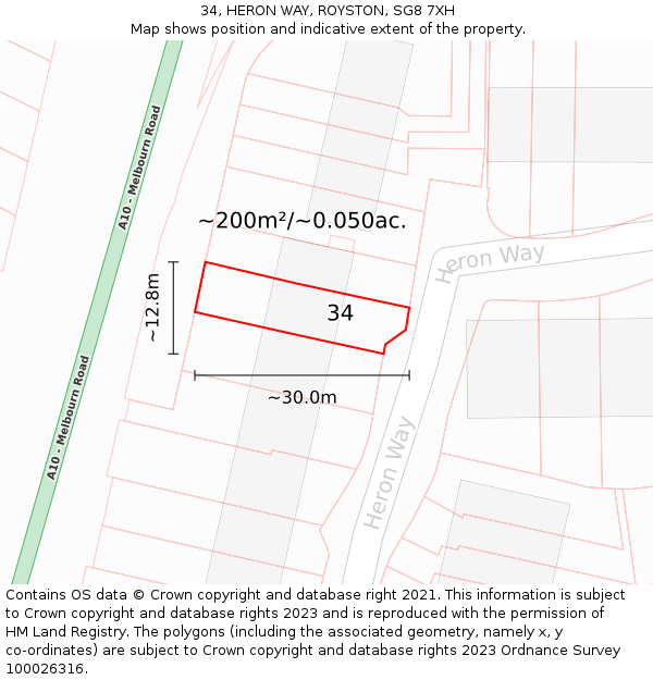 34, HERON WAY, ROYSTON, SG8 7XH: Plot and title map