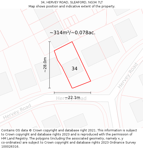 34, HERVEY ROAD, SLEAFORD, NG34 7LT: Plot and title map