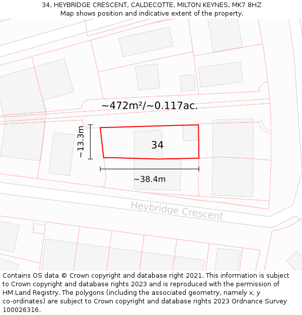 34, HEYBRIDGE CRESCENT, CALDECOTTE, MILTON KEYNES, MK7 8HZ: Plot and title map