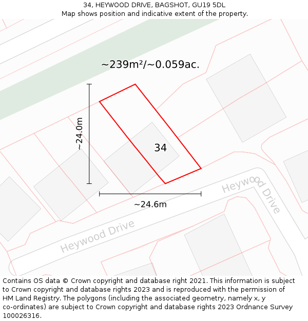 34, HEYWOOD DRIVE, BAGSHOT, GU19 5DL: Plot and title map