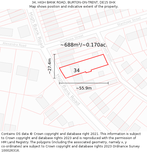 34, HIGH BANK ROAD, BURTON-ON-TRENT, DE15 0HX: Plot and title map