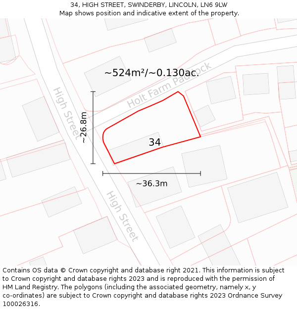 34, HIGH STREET, SWINDERBY, LINCOLN, LN6 9LW: Plot and title map