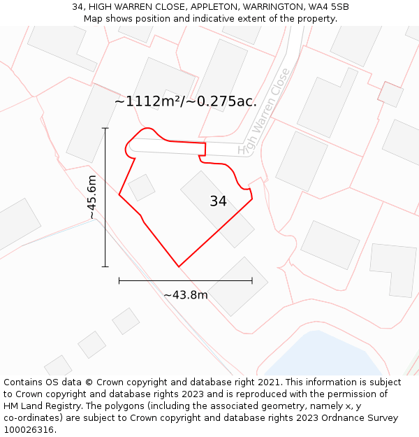 34, HIGH WARREN CLOSE, APPLETON, WARRINGTON, WA4 5SB: Plot and title map