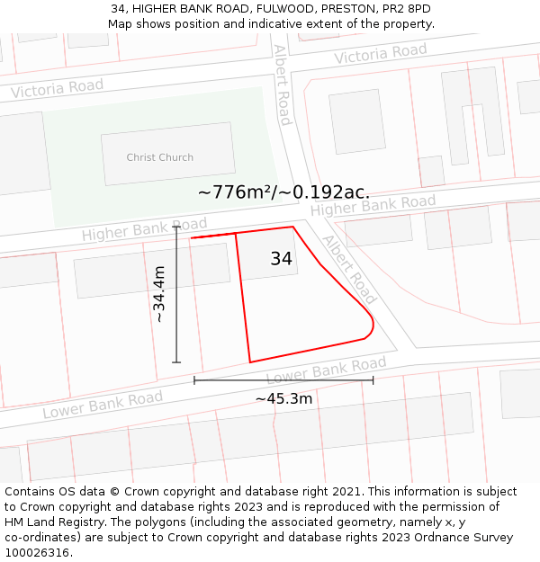 34, HIGHER BANK ROAD, FULWOOD, PRESTON, PR2 8PD: Plot and title map