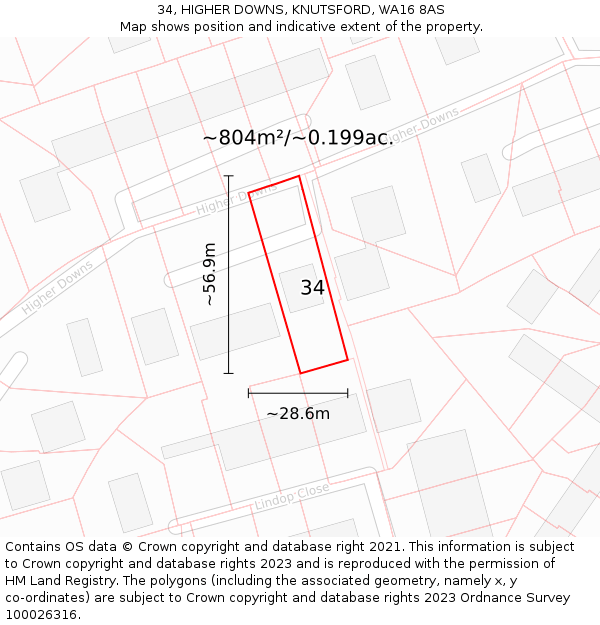 34, HIGHER DOWNS, KNUTSFORD, WA16 8AS: Plot and title map