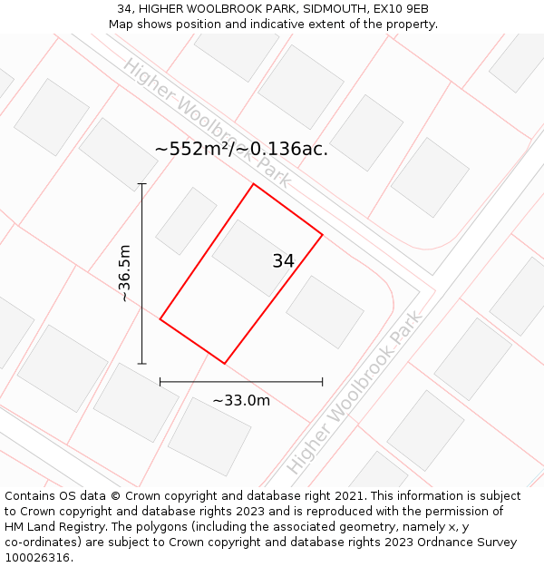 34, HIGHER WOOLBROOK PARK, SIDMOUTH, EX10 9EB: Plot and title map