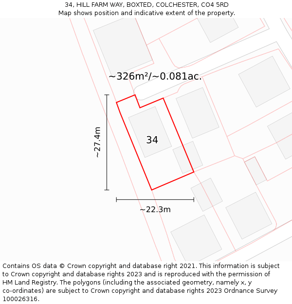 34, HILL FARM WAY, BOXTED, COLCHESTER, CO4 5RD: Plot and title map