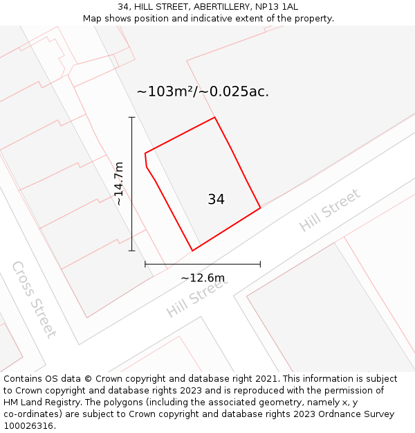 34, HILL STREET, ABERTILLERY, NP13 1AL: Plot and title map