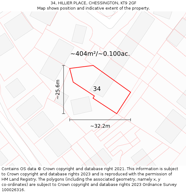 34, HILLIER PLACE, CHESSINGTON, KT9 2GF: Plot and title map