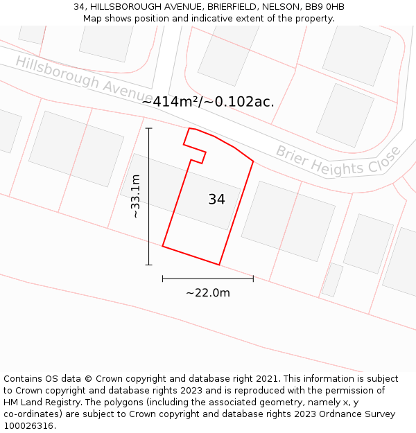 34, HILLSBOROUGH AVENUE, BRIERFIELD, NELSON, BB9 0HB: Plot and title map