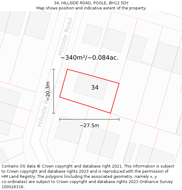 34, HILLSIDE ROAD, POOLE, BH12 5DY: Plot and title map