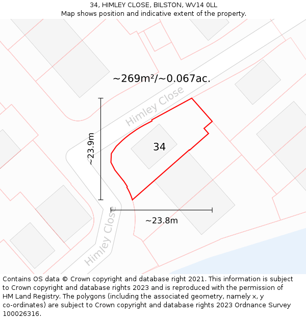 34, HIMLEY CLOSE, BILSTON, WV14 0LL: Plot and title map