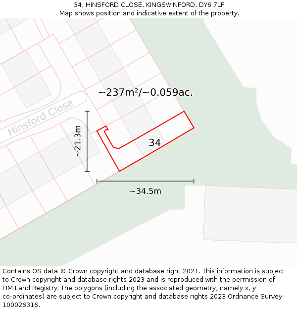 34, HINSFORD CLOSE, KINGSWINFORD, DY6 7LF: Plot and title map