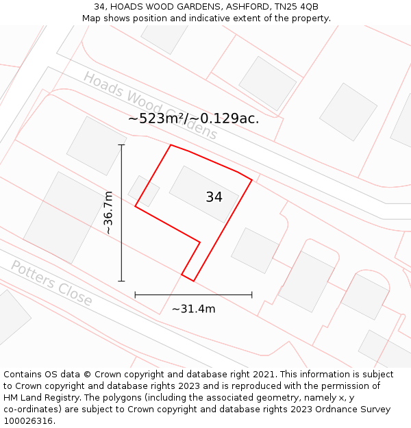 34, HOADS WOOD GARDENS, ASHFORD, TN25 4QB: Plot and title map