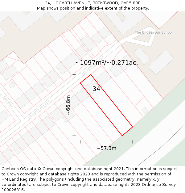 34, HOGARTH AVENUE, BRENTWOOD, CM15 8BE: Plot and title map