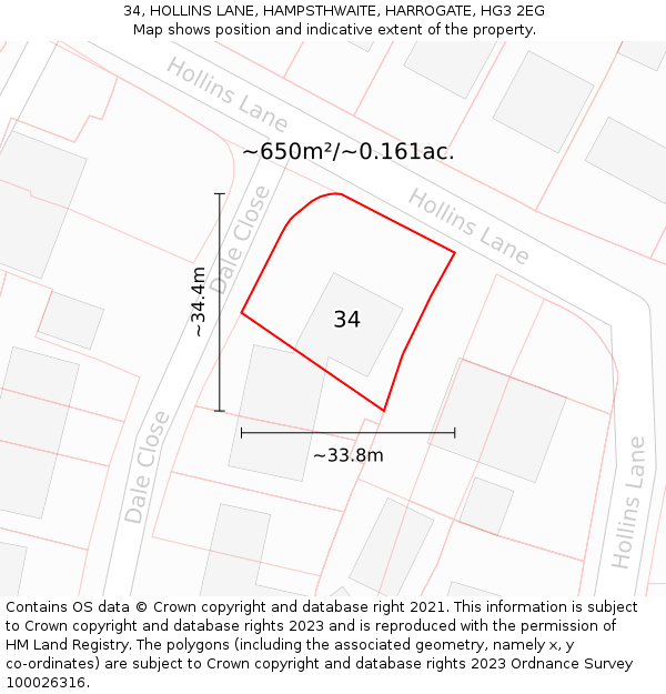 34, HOLLINS LANE, HAMPSTHWAITE, HARROGATE, HG3 2EG: Plot and title map