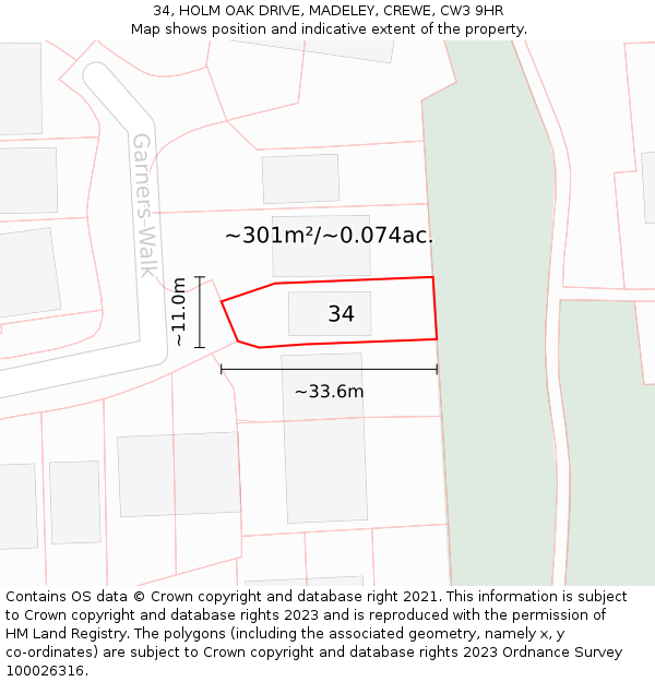 34, HOLM OAK DRIVE, MADELEY, CREWE, CW3 9HR: Plot and title map