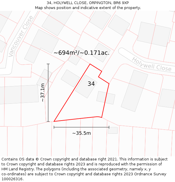 34, HOLYWELL CLOSE, ORPINGTON, BR6 9XP: Plot and title map