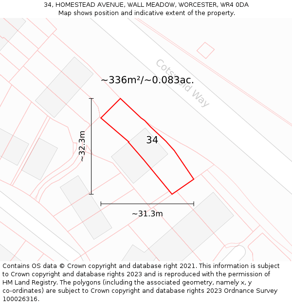 34, HOMESTEAD AVENUE, WALL MEADOW, WORCESTER, WR4 0DA: Plot and title map