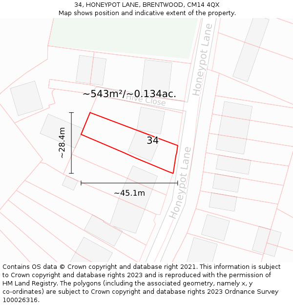 34, HONEYPOT LANE, BRENTWOOD, CM14 4QX: Plot and title map