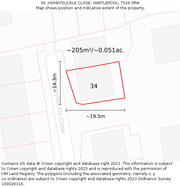 34, HONEYSUCKLE CLOSE, HARTLEPOOL, TS26 0RW: Plot and title map
