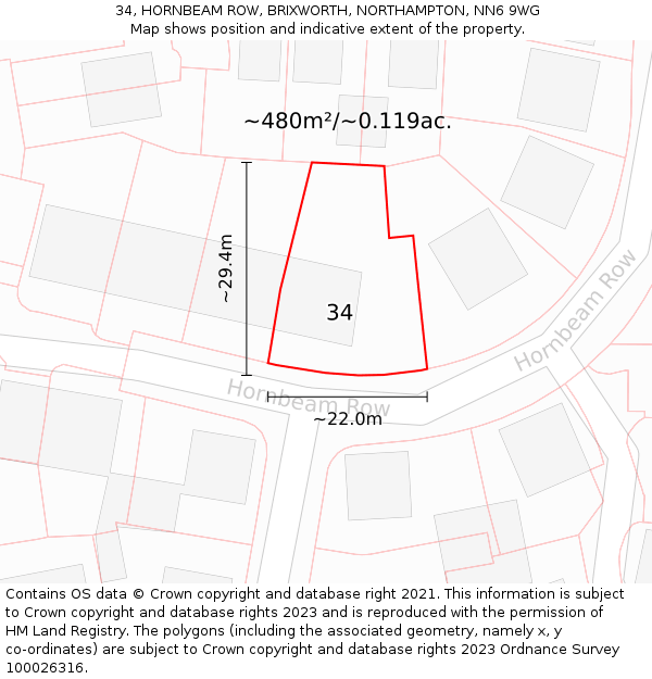 34, HORNBEAM ROW, BRIXWORTH, NORTHAMPTON, NN6 9WG: Plot and title map