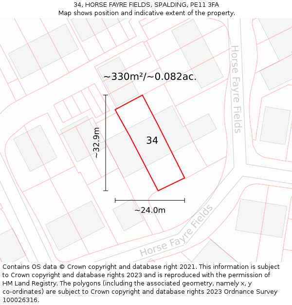 34, HORSE FAYRE FIELDS, SPALDING, PE11 3FA: Plot and title map