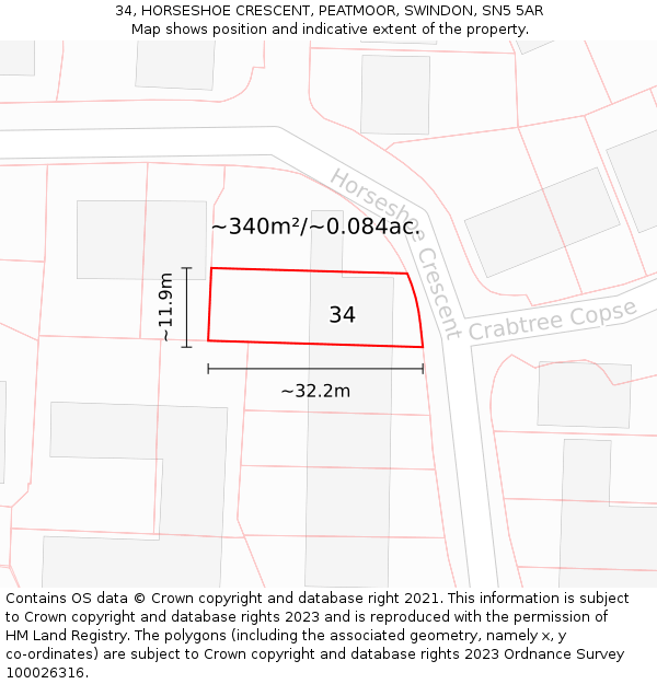 34, HORSESHOE CRESCENT, PEATMOOR, SWINDON, SN5 5AR: Plot and title map