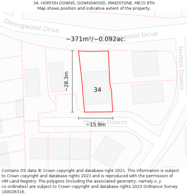 34, HORTON DOWNS, DOWNSWOOD, MAIDSTONE, ME15 8TN: Plot and title map