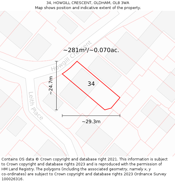 34, HOWGILL CRESCENT, OLDHAM, OL8 3WA: Plot and title map