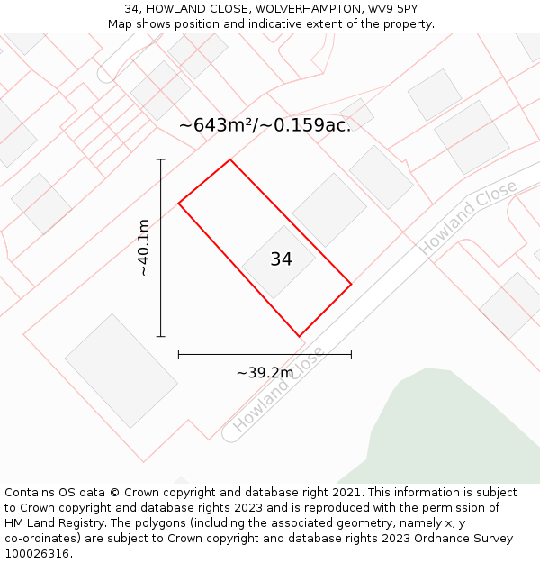 34, HOWLAND CLOSE, WOLVERHAMPTON, WV9 5PY: Plot and title map